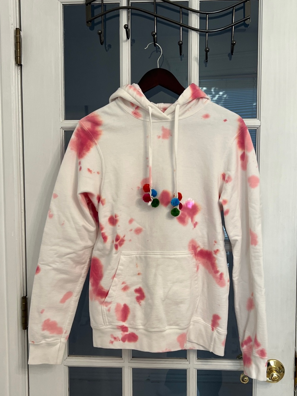 Women’s Pink & White Tie Dye Pom Pom Detail Pullover Hoodie Size S